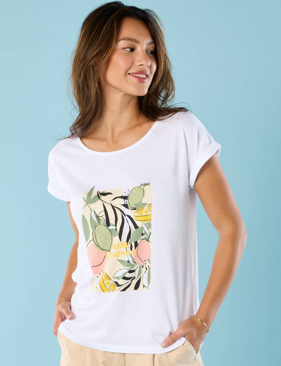 T-shirt manches courtes imprimé placé, Spécial Petites (blanc) T-shirt manches courtes imprimé placé, Spécial Petites (blanc)